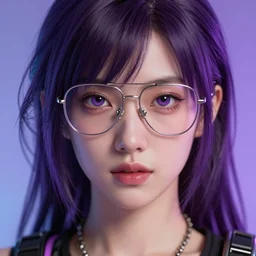 Close up portrait of a young Asian Cyberpunk woman with dark purple hair wearing a aviator, hyperdetailed, artstation, cgsociety, 8k