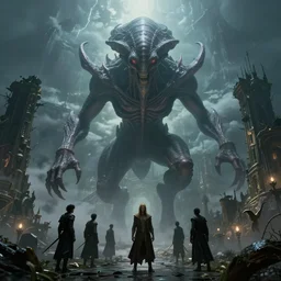 an eldritch god giant illithid descending upon a ruined beautiful and gloomy fantasy city, photorealistic movie still by michael komarck, greg rutkowski, victo ngai, artgerm, willem claesz heda and j. dickenson