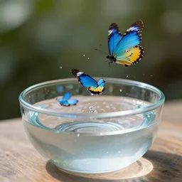 liquid butterfly flying out of water bowl, medium shot photograph