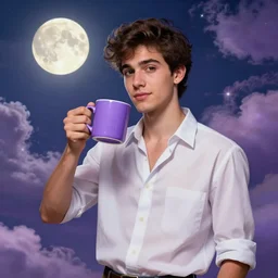 portrait of a ( ( ( una taza de cafe grande y morada ) ) ), ( ( guapo joven caliente espanol servidor con camisa abierta ) ), nubes y magia, la luna, concept character, by greg rutowski and tezuka and oi and mucha and bierstadt and remington, trending on artstation