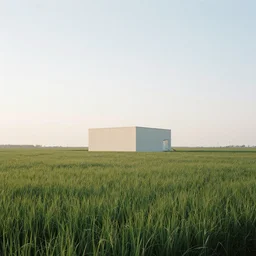 A serene landscape with a singular building in the style of Michael Shrijver.
