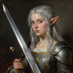 astonishing renaissance painting of beautiful grimes with elf ears, beautiful warrior with a silver sword and silver hair, trending on artstation, detailed art,