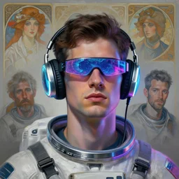 future coder man looking on, sleek cyclops display over eyes and sleek bright headphoneset, holographic colors, neon accent lights, desaturated headshot portrait painting by dean cornwall, rhads, john berkey, tom whalen, alex grey, alphonse mucha, donoto giancola, astronaut cyberpunk electric fashion photography