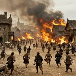 villagers running from huge medieval fantasy town that is on fire, 1 9 1 0 s film scene