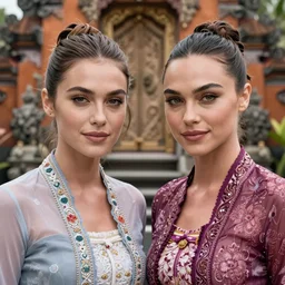 portrait of lindsey pelas and gal gadot wearing kebaya in bali, by charlotte grimm, natural light, detailed face, beautiful features, symmetrical, canon eos c 3 0 0, ƒ 1. 8, 3 5 mm, 8 k, medium - format print, half body shot