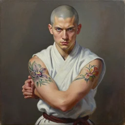 A detailed matte oil on canvas painting of a young white male martial artist monk, orchid arm tattoos  by artgerm, trending on artstationhd,  dungeons and dragons art