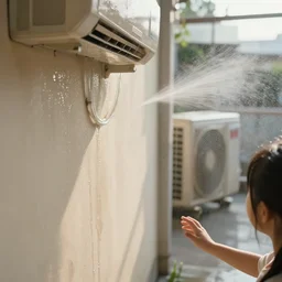 close - up seen a profile wall with a moist air conditioner in the room and an air conditioner on the terrace with water spray faded on the wall connected by transparent cables, hand of a young girl, depth of field, sunny, ultra realistic, very detailed, 8 k hyper realistic detailed cinematic still by nadav kander