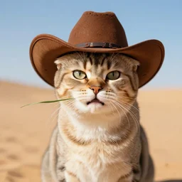 a cat, wearing a cowboy hat, with a piece of grass in his mouth, desert background