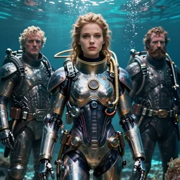 detailed ultrarealistic photography front medium shot of starwars, fantasy, waterworld, postapocalyptic, cyberpunk cyborg, deepsea diving suit girl, leyendecker, norman rockwell, greg rutkowski, artstation cinematic, vray game of thrones, lord of the rings