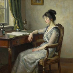 oil painting by ilya kuvshinov, conrad roset, coby whitmore, of a youthful japanese beauty sitting on antique chair leaning against a desk, sideview, victorian room