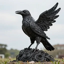 imposing scary intricate raven outdoor sculpture made of oily cords