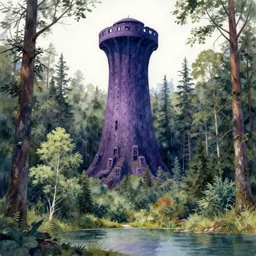 A beautiful, highly detailed, very realistic watercolor painting of a huge mysterious purple and dark blue, very large tower in the middle of a dense forest next to a small lake, very realistic, highly detailed, watercolor.