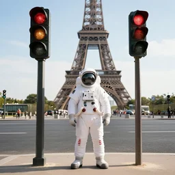 an astronaut waiting at the traffic lights in paris