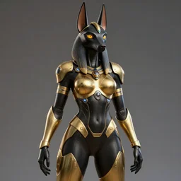 female anubis wearing black and gold cybertech armor. buxom, wide hips, character design by charlie bowater, ross tran, artgerm, and makoto shinkai, detailed, inked, western comic book art