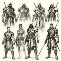 detailed pencil spot illustrations of various character concepts from the horizon zero dawn 2 and assassin's creed 2 videogames crossover, various poses, by bridgeman, by burne hogarth, by conrad roset, by yoshitaka amano, by ruan jia, cgsociety, artstation.