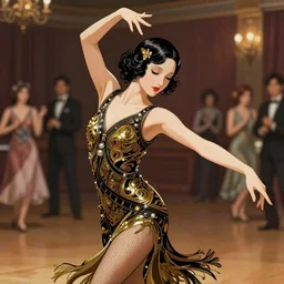 a beautiful dancer with black hair in 1930's fashion, ballroom background, intricate, highly detailed, digital painting, artstation, official media, anime key visual, concept art, rich vivid colors, ambient lighting, sharp focus, illustration, art by Artgerm, Makoto Shinkai, Ilya Kuvshinov, Lois Van Baarle, and Rossdraws