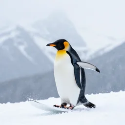 penguin surfing on snow, snowy mountain background, snowing