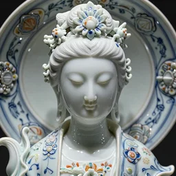 The Goddess of Beauty, A Close up photo-real delicate ceramic porcelain sculpture of a symmetrical ornate detailed in front of an intricate background by Victo Ngai and takato yamamoto, micro detail, backlit lighting, face in focus, subsurface scattering, translucent, thin porcelain, octane renderer, colorful, physically based rendering, japanese pottery, trending on cgsociety