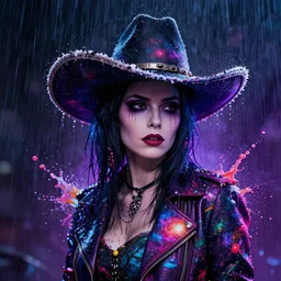 splashes of neon galaxies, mowhawk, punk women portrait made out of paint with rain in the background, trending on artstation, epic composition, emotional, beautiful, rendered in octane, highly detailed, realistic, tim burton comic book art, sharp focus, unreal engine