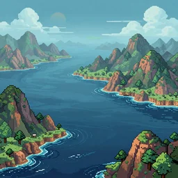an ocean and mountains on a hazy distant planet, extremely detailed, pixel art