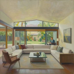 an oil painting of the interior of a mid century modern house designed by both frank lloyd right and richard sera in palm springs