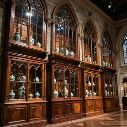 deep 3 point perspective, Wall full of wooden glass wide cabinets with antique porcelain Inside the three-story gothic museum, dramatic lighting, photorealistic, wolumetric lighting, high detail, cinematic feel, wideshot, high octane, 4K, Unreal Engine, digital render, intricate, ultra realistic