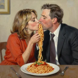 martha stewart and phil donahue spaghetti noodle kiss, an oil painting by ross tran and thomas kincade