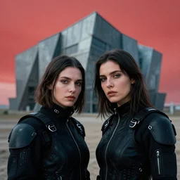 cinestill 5 0 d photographic portrait of 2 women wearing black techwear in front of a brutalist sharp - edged metal building, closeup, on a desolate plain with a red sky, dystopia, cyberpunk, closeup, depth of field, 4 k, 8 k, hd, full color