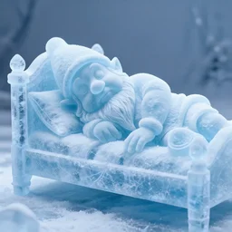 long shot of an ice statue of a dwarf peacefully sleeping on his bed, stunning digital art high detail 4k octane