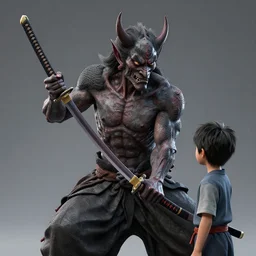 a powerful demon in the shape of a katana being held by a innocent boy, fine details, studio lighting, subtle shadows, art by katsuya terada, photorealism, hyper realism, octane render, hyper detailed, canon eos r 3, f / 1. 4, iso 2 0 0, 1 / 1 6 0 s, medium shot, 8 k, raw, unedited, in - frame,