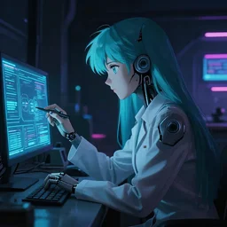 cybernetic late 8 0's moody anime movie still : : shadowed art : : long cyan haired synthetoid android science girl researcher : : somber far future neon lab background interior : : watching cyber board