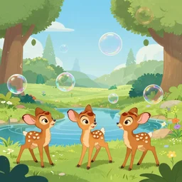 bambi and his friends popping bubbles near a pond