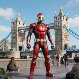 Giant Ant-Man stands next to London (Tower Bridge), surrounded by people, digital art, trending on ArtStation, Gulliver's Travels