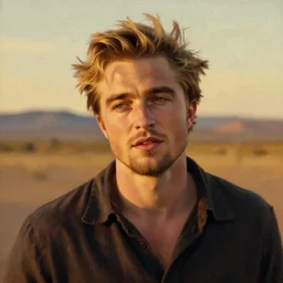portrait of robert pattinson, blonde, dreamlike whistful expression, new mexico background painted by pierre auguste cot, frederic leighton, very romantic, beautiful textures, golden hour lighting