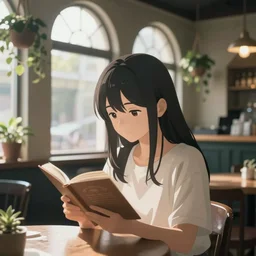 anime visual portrait of a cute girl reading, cafe interior with arched windows, natural sunlight, hanging plants, cinematic, lofi, film still from anime by [ [ [ yoshitoshi abe ] ] ], makoto shinkai, crisp, cel shaded