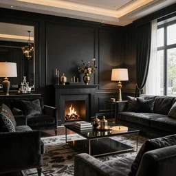 black decor interior 3 5 mm warm photo of a tastefully decorated living room with dark luxurious furnishings and a mix of urban and modern furniture, highly detailed