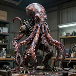 low wide angle photo taken of an epic intricate, ultra detailed, super realistic gritty, hero prop, exquisitely painted animatronic movie prop of a wet slimy grotesque nightmarish hellish mutant cephalopod creature displayed in the workshop, created by weta workshop, full body shot, photorealistic, sharp focus