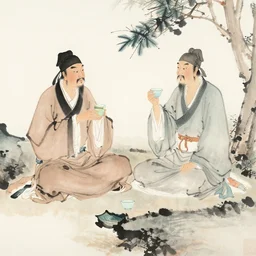 A chinese painting of Du Fu and Li Bai drinking together