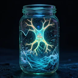 bioluminescent neurons floating jar of broken glass with a dramatic turbulent ocean, concept artists, backlit, intricate, indie studio, fantasy, rim lighting, flourecent colors, emotional, sketch, realistic, whimsical, noise, stippling