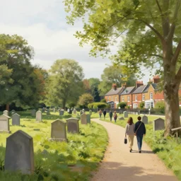 a walk through highgate cemetery, waterlow park then around highgate village in north london. volumetric lighting, summer, late morning, slight overcast weather, realistic illustration, perfectly shaded, soft painting, art by krenz cushart and wenjun lin