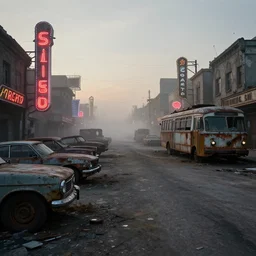 low wide angle shot of dilapidated fallout 5, desolate rugged street, dilapidated neon signs, few rusted retro futuristic vintage parked vehicles like cars, ( ( ( buses, trucks, trams ) ) ), volumetric lighting, photorealistic, foggy, early evening, winter, sharp focus, ultra detailed, 4 0 0 0 k