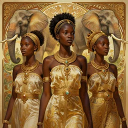 three Zulu princesses!!! Elephants in background , intricate, elegant, highly detailed, digital painting, artstation, concept art, smooth, sharp, focus, illustration, art by artgerm and greg rutkowski and alphonse mucha