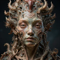 a beautiful portrait of organic humanoid by other planet, front close - up face, maximalist, front, full body, volumetric, symetrical close up, octane render, ultra details, by peter mohrbacher, zaha hadi