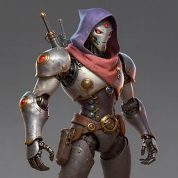 a magic robotic steampunk mechanic wearing a hood and a scarf. overwatch character, concept art, character design, artstation trending, by rossdraws, wlop, greg rutkowski, greg manchess