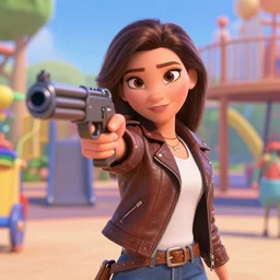 stunning!!! disney woman in a leather jacket in a kids playground pointing an automatic rifle at the lens, disney pixar movie still, high detail, ray tracing, trending on artstation, 4 k, ultra hd, blu ray