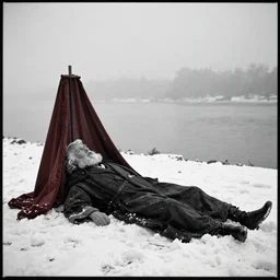 1 9 7 0 s movie still by tarkovsky of marcus aurelius dying alone under the snow next to the danube with red drapery, cinestill 8 0 0 t 3 5 mm b & w, high quality, heavy grain, high detail, cinematic composition, dramatic light, anamorphic, hyperrealistic, very foggy