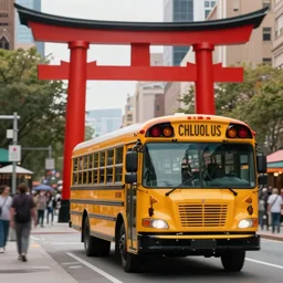 Yellow school bus, driving towards a red japanese Torii gate, New York location in USA, ray tracing, high detail, 4K