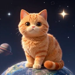 A fuzzy orange cat sitting on planet earth, space with stars in the background, trending on artstation, 3D render