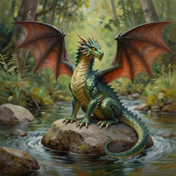 A dragon sitting on a rock within a woodland creek, realistic oil paint artwork made in 2020.