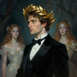 a masculine elegant man from sideview and wearing golden laurel wreath, ethereal horror fantasy propaganda art by greg rutkowski and magali villanueve and monet con